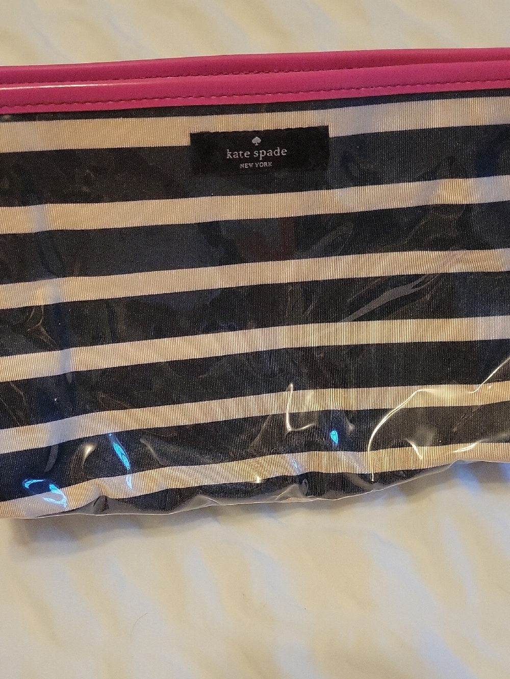 kate spade Navy and White Striped Clear Pouch with Pink Trim